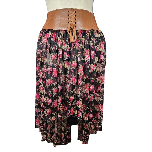B B Couture Hi-Low Belted Sheer Floral Midi Skirt, Black Floral, Large - Picture 1 of 11